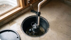 Open basement sump pit with a submersible sump pump, float switch and white PVC discharge pipe with check valve, floor damp after rain