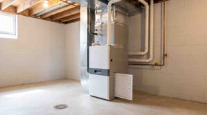 Residential gas furnace in a basement utility room, the source of most first-of-season burning smells
