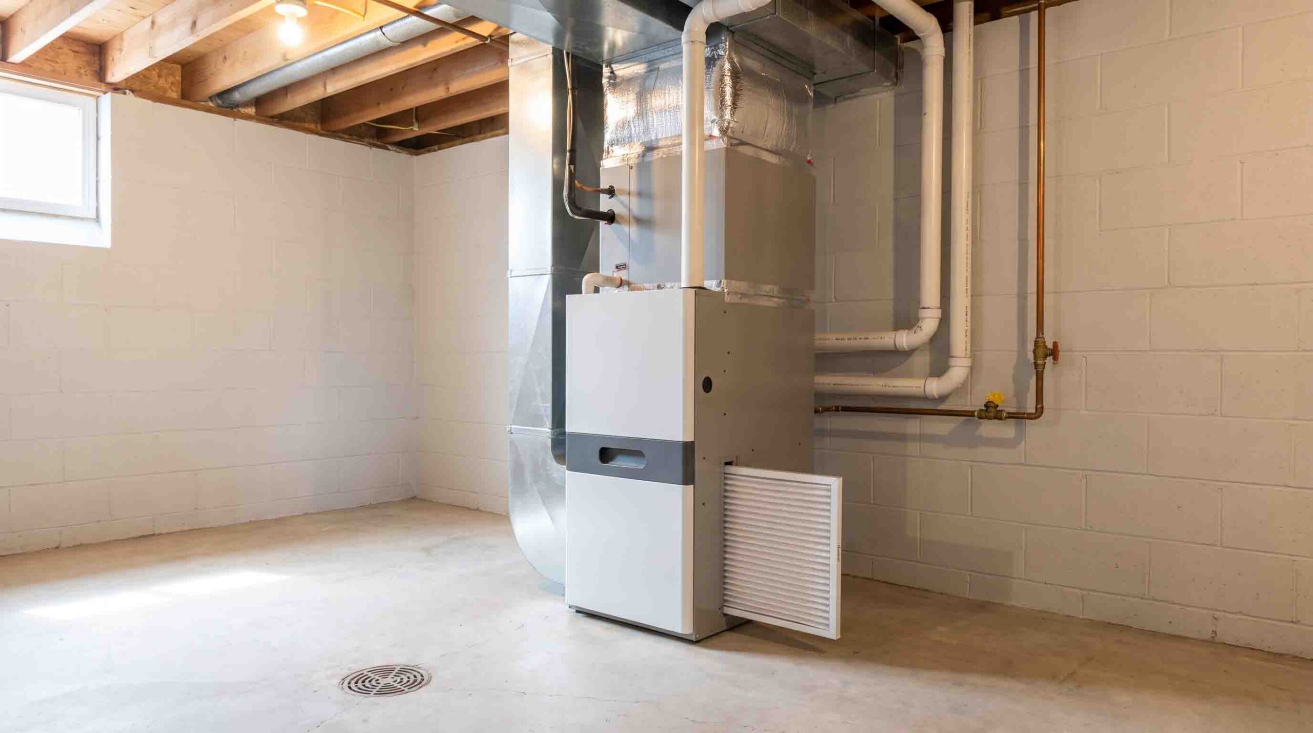 Residential gas furnace in a basement utility room, the source of most first-of-season burning smells