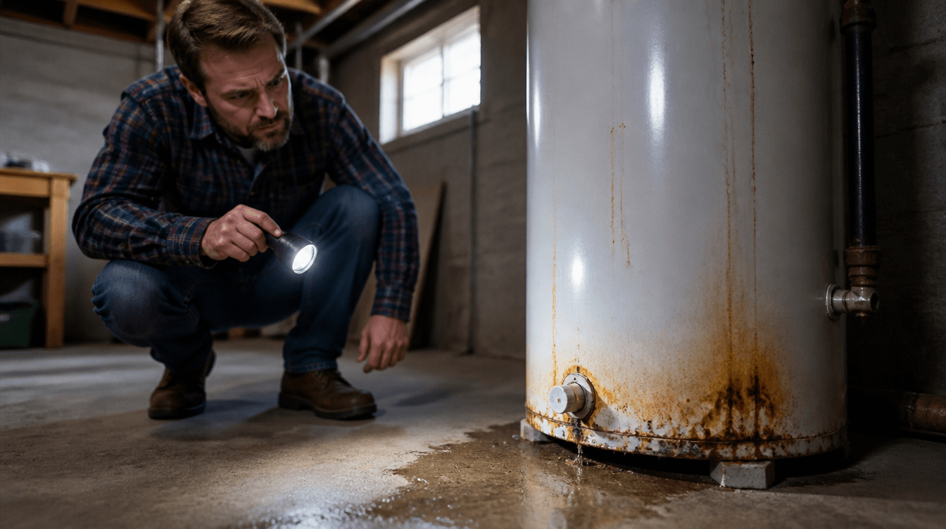 Rusted tank water heater leaking at the base in a Kokomo, Indiana basement — a sign it needs replacing