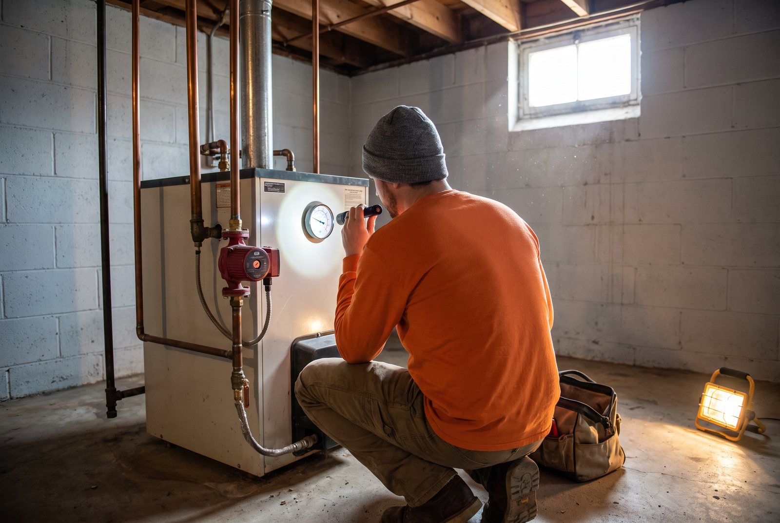 HVAC technician checking the pressure and temperature gauge on a gas hot water boiler in an older Kokomo basement