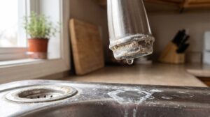Faucet spout and aerator crusted with hard water scale dripping into a stainless steel sink with white mineral rings