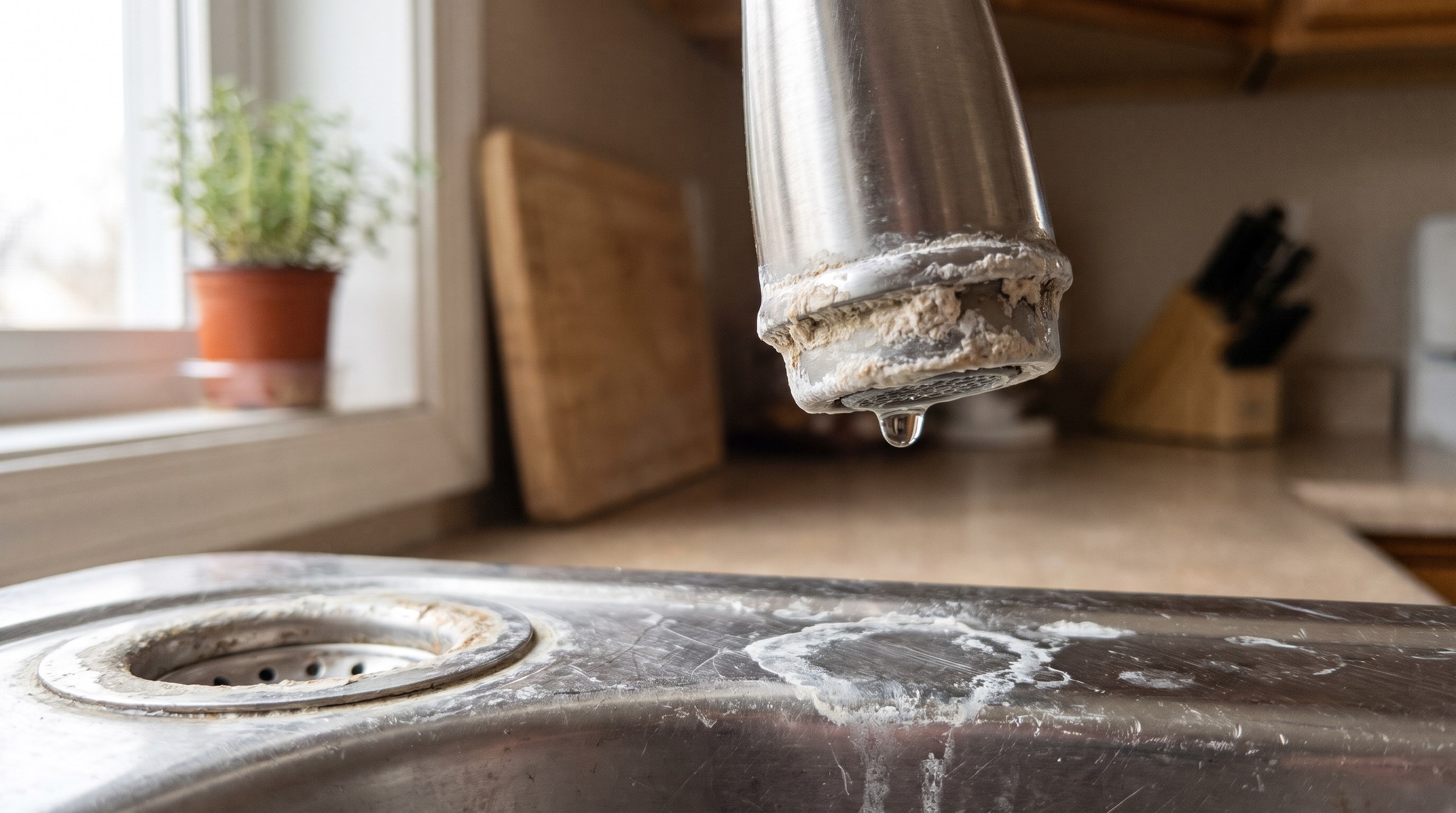 Faucet spout and aerator crusted with hard water scale dripping into a stainless steel sink with white mineral rings