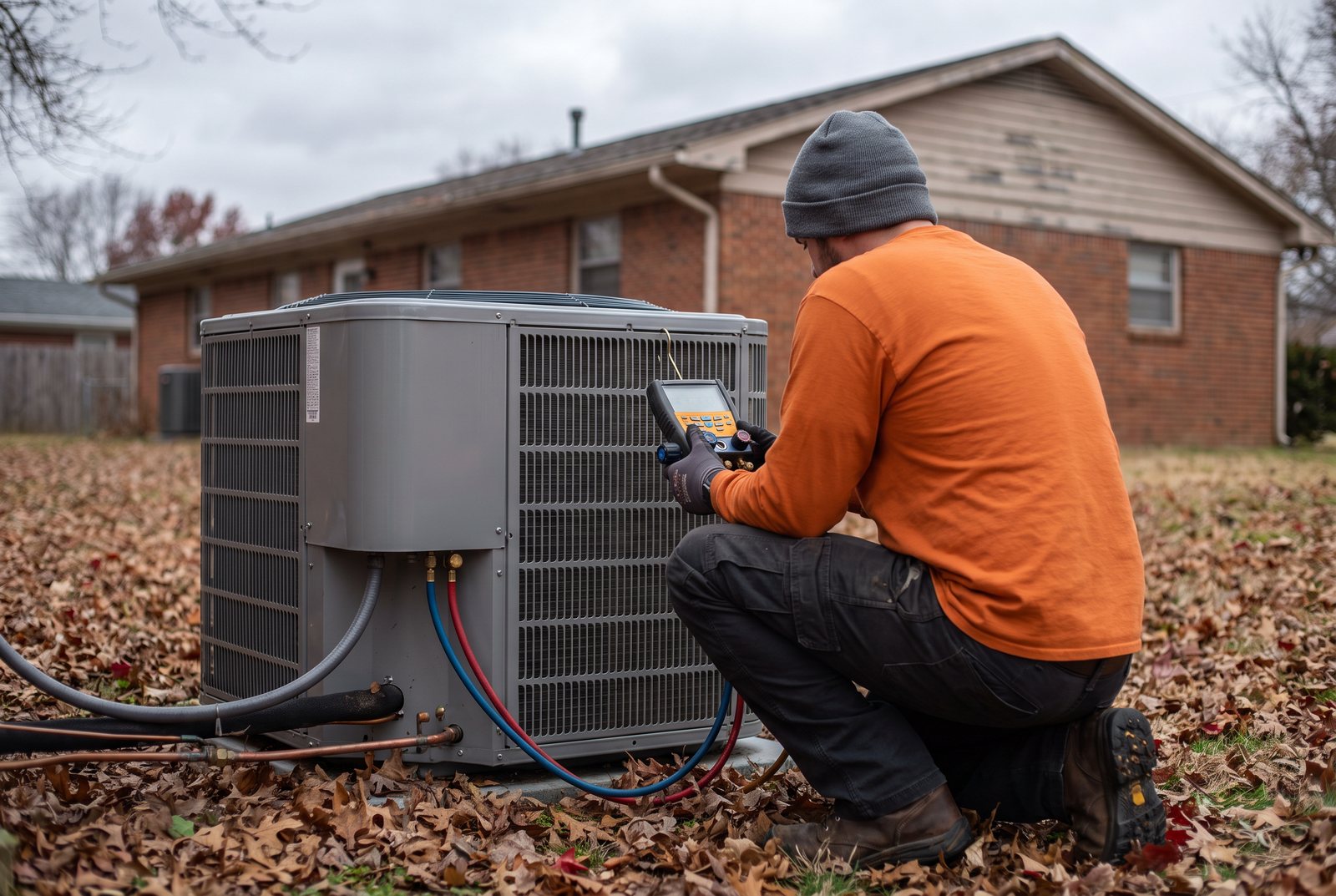 HVAC technician checking refrigerant pressures on a heat pump outdoor unit beside a brick ranch house in late fall