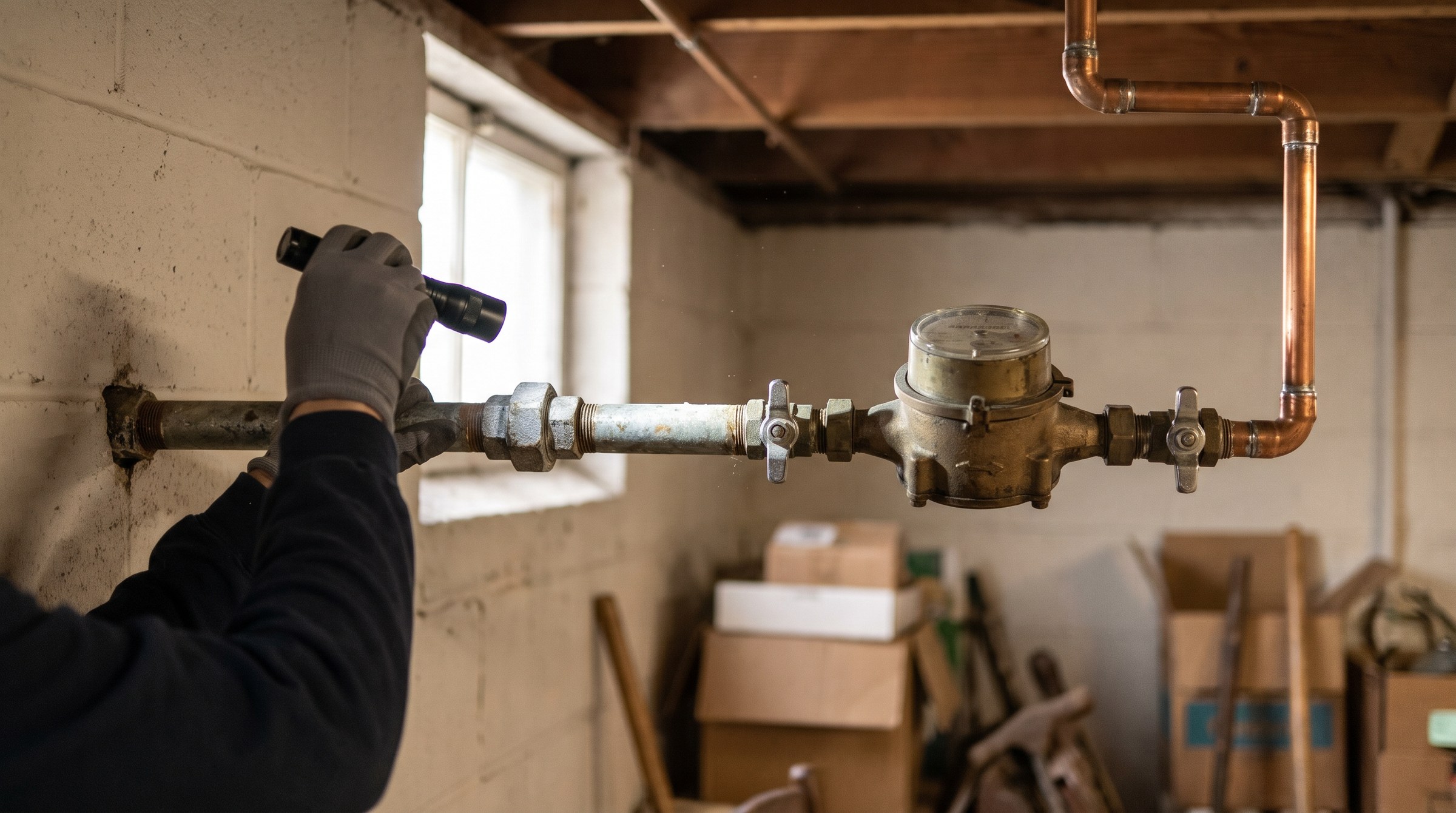 Plumber's gloved hand shining a flashlight on an old galvanized water service line entering a basement block wall at the water meter, with copper pipe on the house side