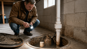 Rust-stained sump pump in a flooded basement pit in Peru, Indiana — a sign it needs replacing
