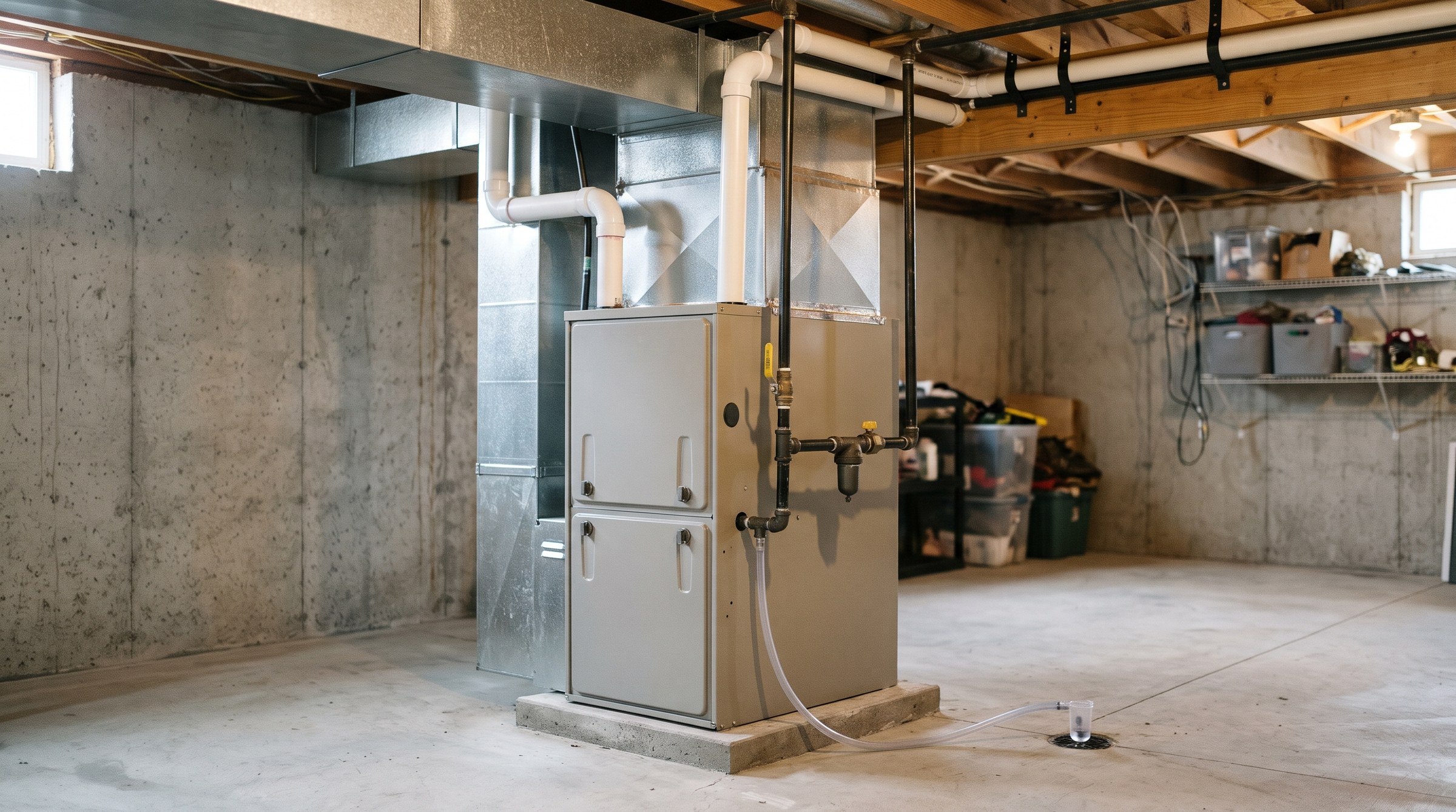 Newly installed high-efficiency gas furnace in an unfinished basement with white PVC vent pipes, metal ductwork, a gas shutoff valve and condensate line to a floor drain