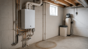 Wall-mounted gas tankless water heater installed in a Rochester, Indiana basement